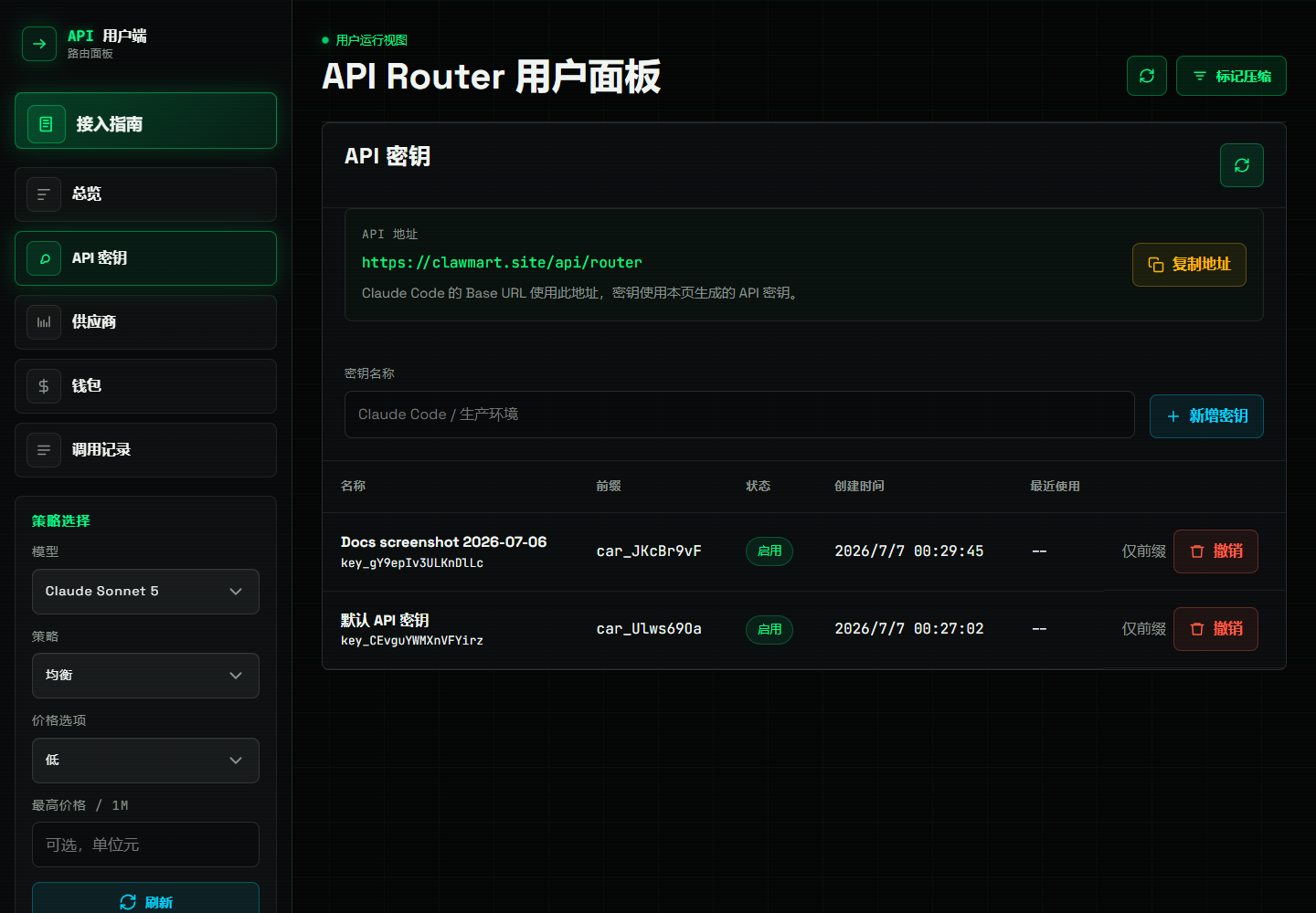 用户面板 API Key 页面截图